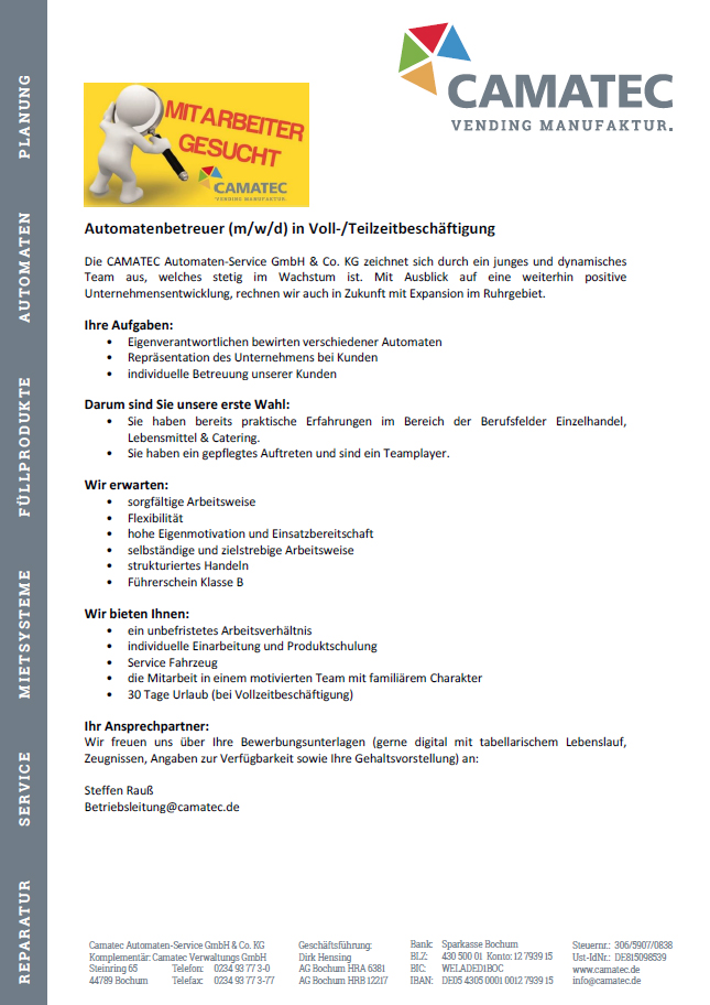 Stellenausschreibung Automatenbetreuer